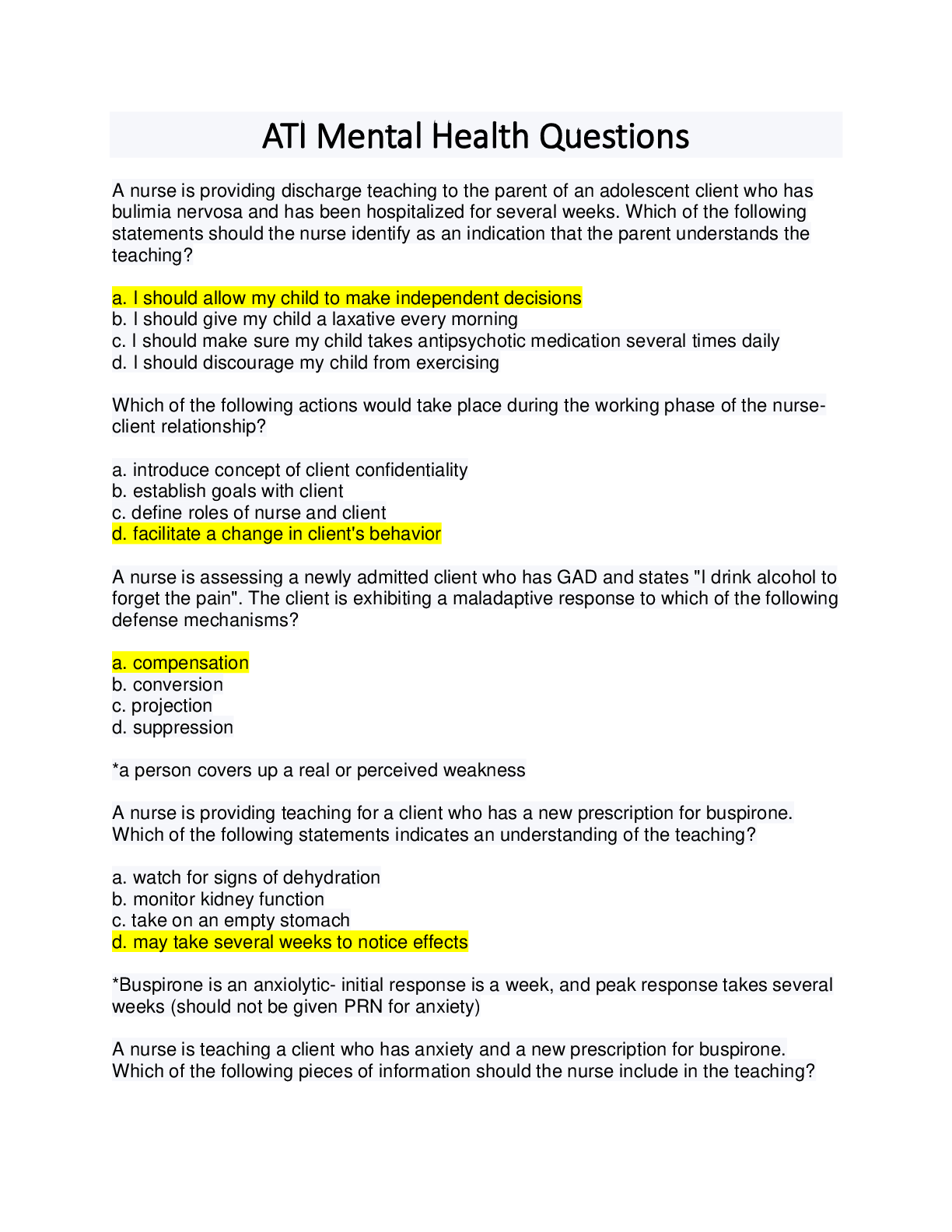 ATI Mental Health Questions Browsegrades